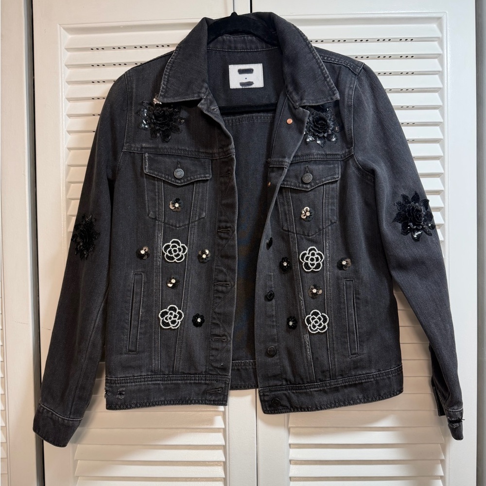 Embellished Floral Rhinestoned And Sequin Jean Jacket